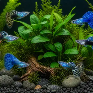 Fancy guppy males pack of 6; representative AI-generated planted-aquarium image, not an exact inventory photograph.