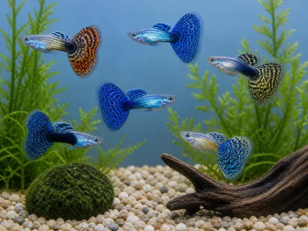Fancy guppy males pack of 6; representative AI-generated planted-aquarium image, not an exact inventory photograph.