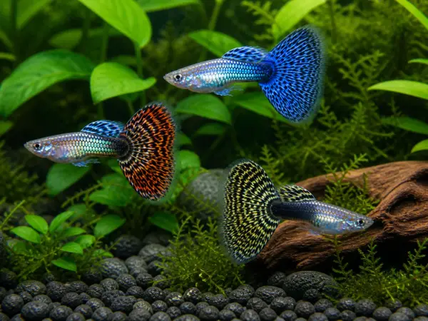 Fancy guppy males pack of 6; representative AI-generated planted-aquarium image, not an exact inventory photograph.