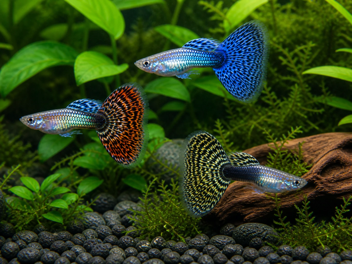 Fancy guppy males pack of 6; representative AI-generated planted-aquarium image, not an exact inventory photograph.