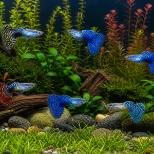 Fancy guppy males pack of 6; representative AI-generated planted-aquarium image, not an exact inventory photograph.