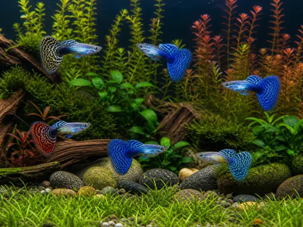 Fancy guppy males pack of 6; representative AI-generated planted-aquarium image, not an exact inventory photograph.