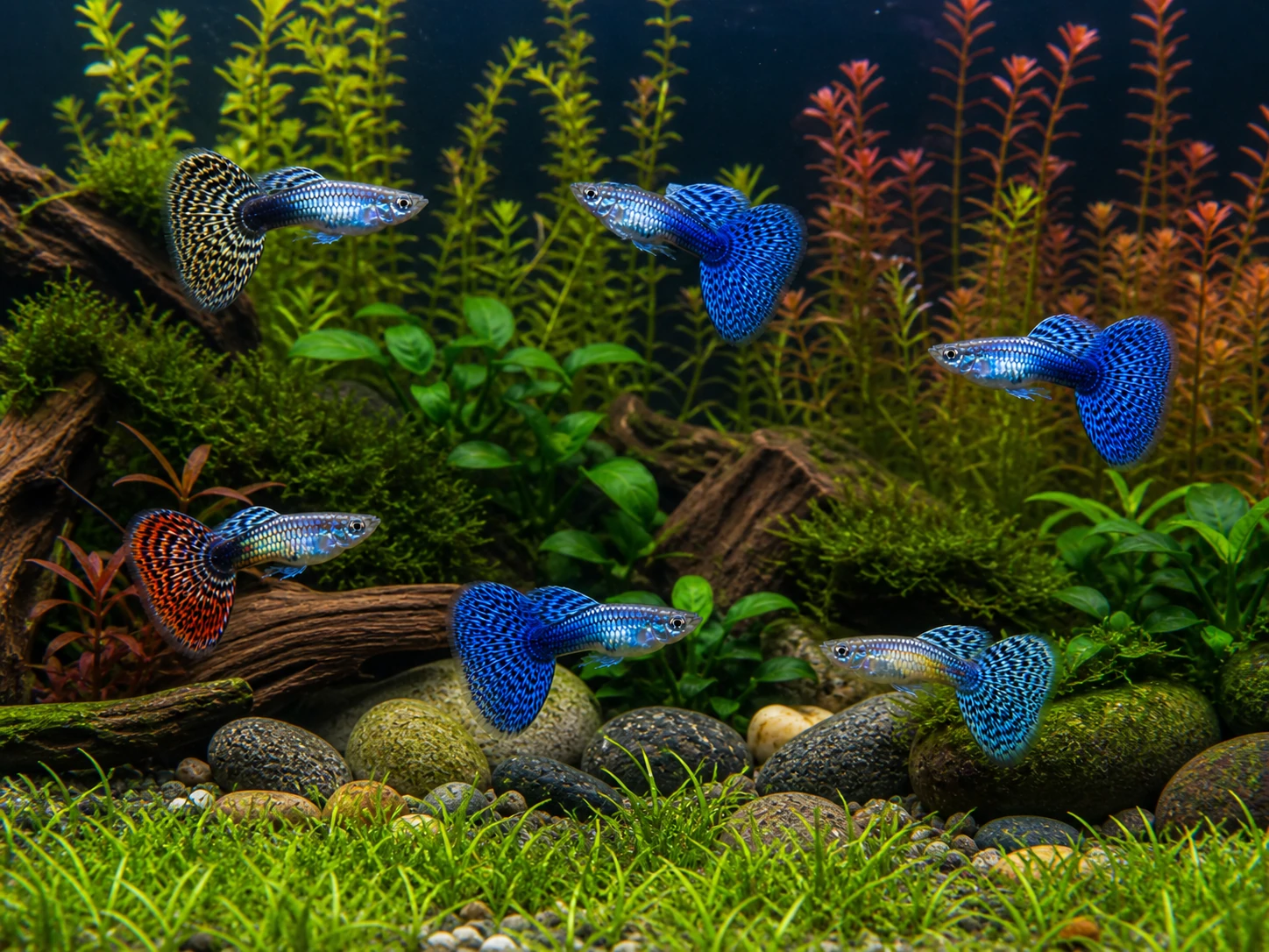 Fancy guppy males pack of 6; representative AI-generated planted-aquarium image, not an exact inventory photograph.