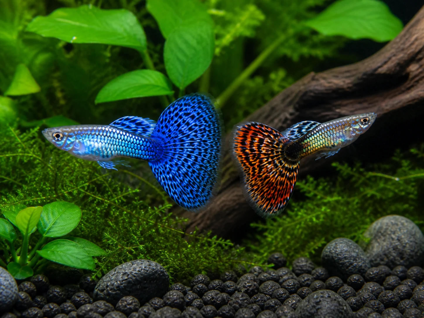 Fancy guppy males pack of 6; representative AI-generated planted-aquarium image, not an exact inventory photograph.
