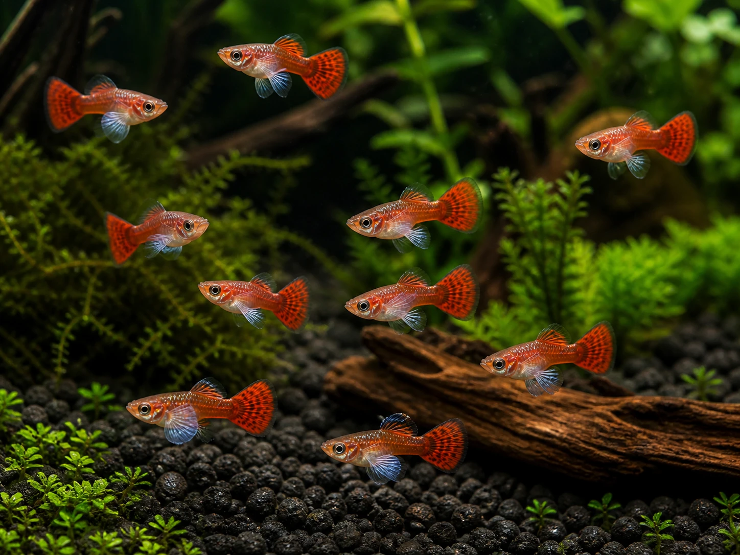 Dumbo Mosaic guppy fry pack of 10; representative AI-generated planted-aquarium image, not an exact inventory photograph.