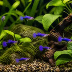Purple Dragon guppy fry, 20 plus 5 bonus; representative AI-generated planted-aquarium image, not an exact inventory photograph.