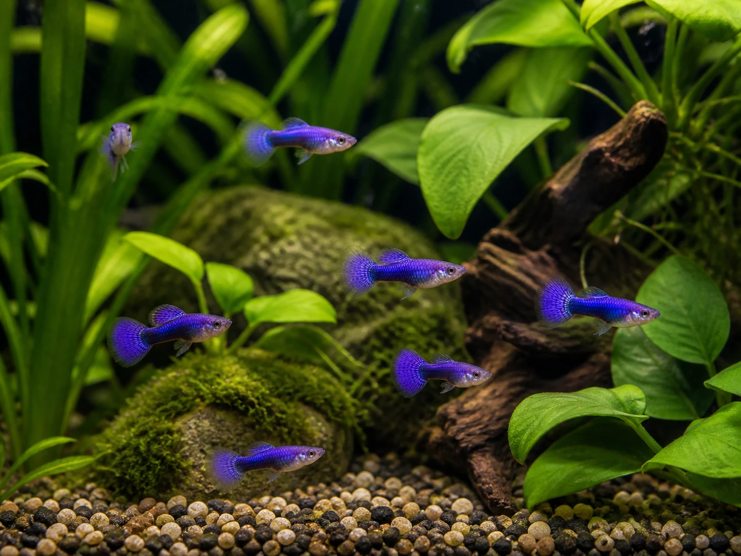 Purple Dragon guppy fry, 20 plus 5 bonus; representative AI-generated planted-aquarium image, not an exact inventory photograph.