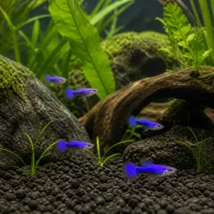 Purple Dragon guppy fry, 20 plus 5 bonus; representative AI-generated planted-aquarium image, not an exact inventory photograph.
