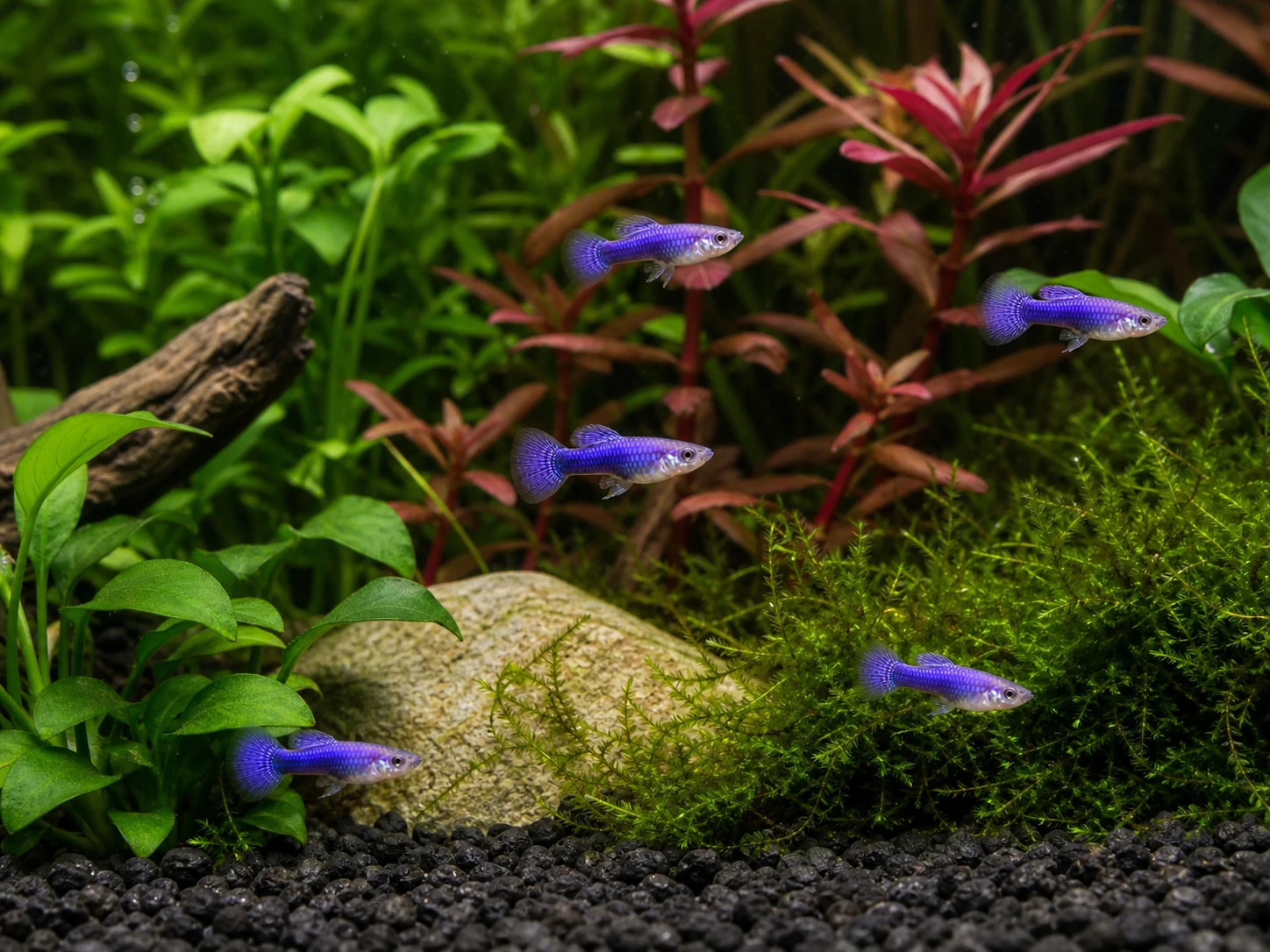 Purple Dragon guppy fry, 20 plus 5 bonus; representative AI-generated planted-aquarium image, not an exact inventory photograph.