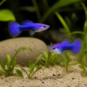 Purple Dragon guppy fry, 20 plus 5 bonus; representative AI-generated planted-aquarium image, not an exact inventory photograph.