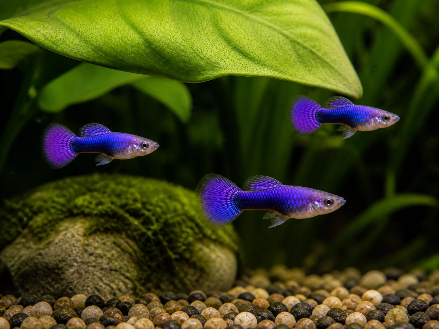 Purple Dragon guppy fry, 20 plus 5 bonus; representative AI-generated planted-aquarium image, not an exact inventory photograph.