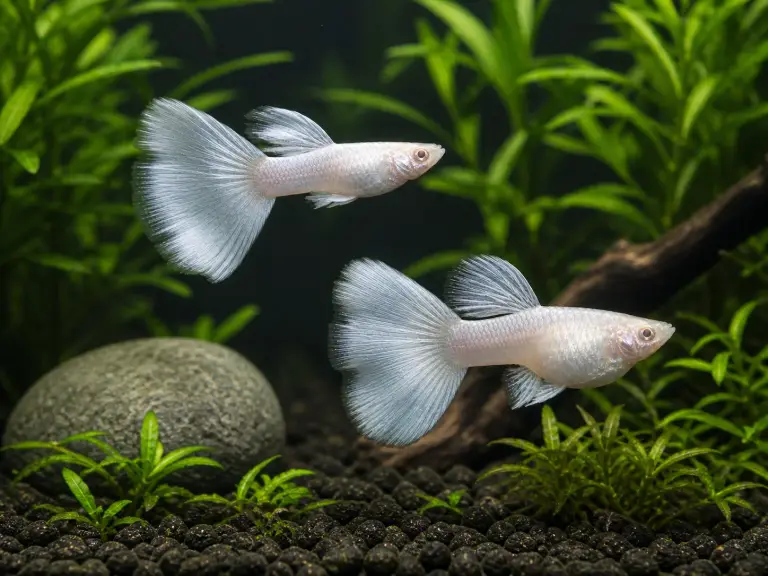 Silverado double-tail guppy breeding pair; representative AI-generated planted-aquarium image, not an exact inventory photograph.