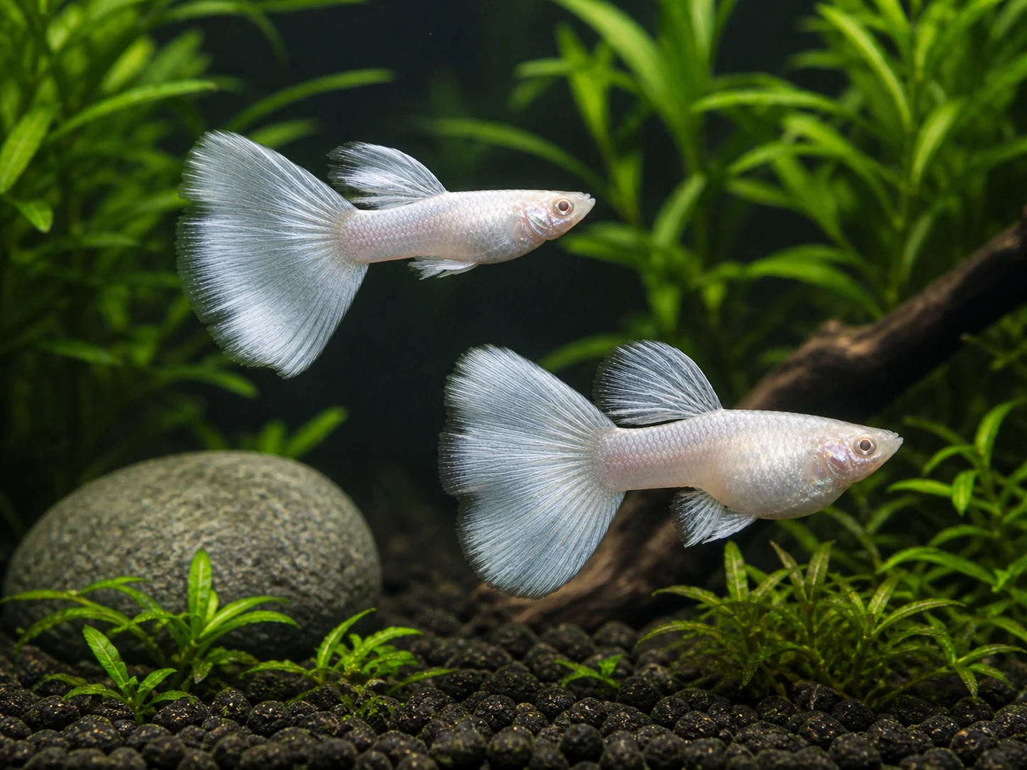 Silverado double-tail guppy breeding pair; representative AI-generated planted-aquarium image, not an exact inventory photograph.