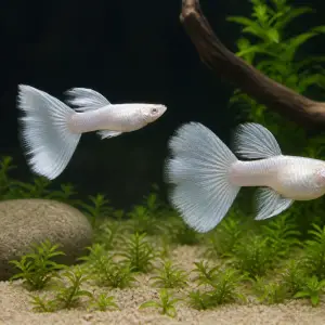 Silverado double-tail guppy breeding pair; representative AI-generated planted-aquarium image, not an exact inventory photograph.