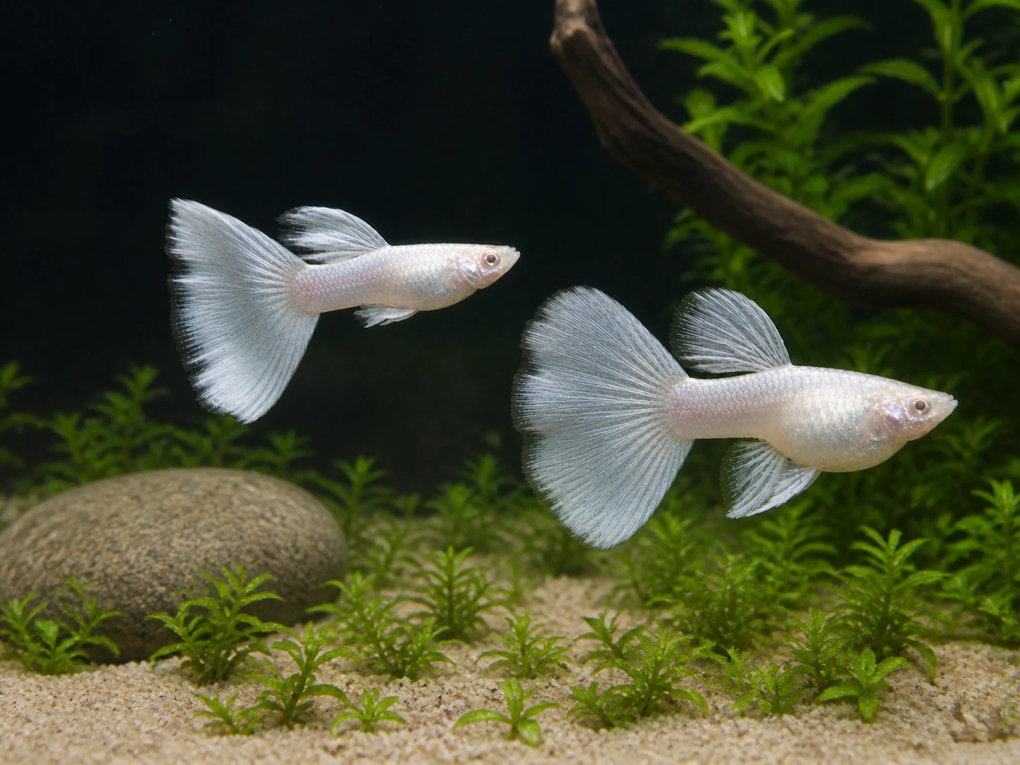 Silverado double-tail guppy breeding pair; representative AI-generated planted-aquarium image, not an exact inventory photograph.