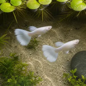 Silverado double-tail guppy breeding pair; representative AI-generated planted-aquarium image, not an exact inventory photograph.
