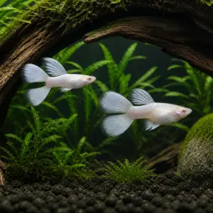 Silverado double-tail guppy breeding pair; representative AI-generated planted-aquarium image, not an exact inventory photograph.