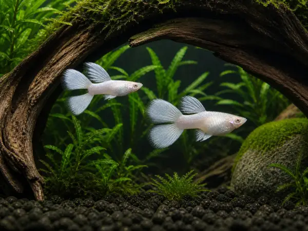 Silverado double-tail guppy breeding pair; representative AI-generated planted-aquarium image, not an exact inventory photograph.