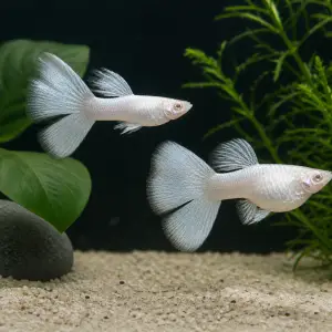 Silverado double-tail guppy breeding pair; representative AI-generated planted-aquarium image, not an exact inventory photograph.