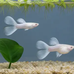 Silverado double-tail guppy breeding pair; representative AI-generated planted-aquarium image, not an exact inventory photograph.