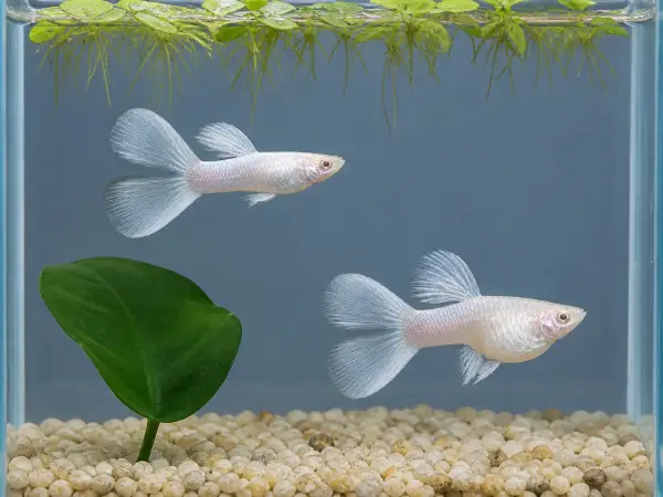 Silverado double-tail guppy breeding pair; representative AI-generated planted-aquarium image, not an exact inventory photograph.