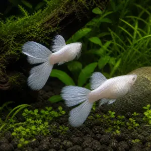 Silverado double-tail guppy breeding pair; representative AI-generated planted-aquarium image, not an exact inventory photograph.