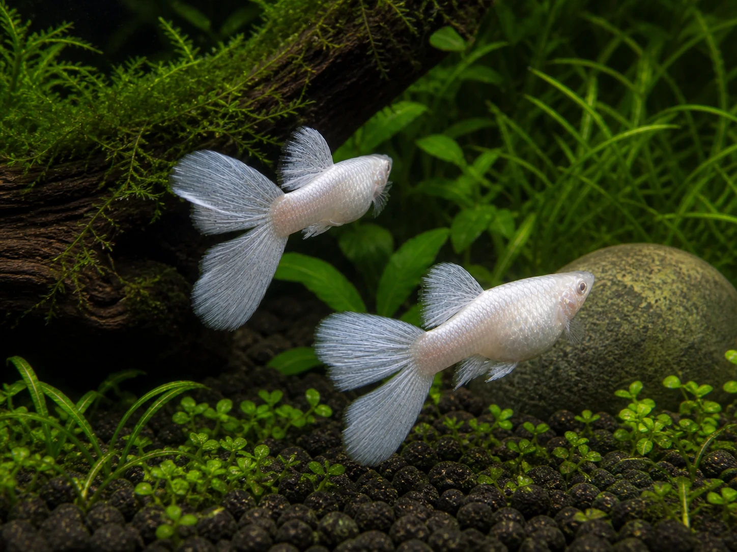 Silverado double-tail guppy breeding pair; representative AI-generated planted-aquarium image, not an exact inventory photograph.
