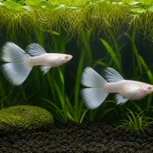 Silverado double-tail guppy breeding pair; representative AI-generated planted-aquarium image, not an exact inventory photograph.