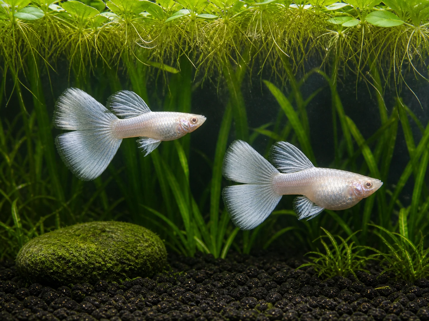 Silverado double-tail guppy breeding pair; representative AI-generated planted-aquarium image, not an exact inventory photograph.