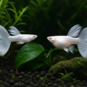 Silverado double-tail guppy breeding pair; representative AI-generated planted-aquarium image, not an exact inventory photograph.