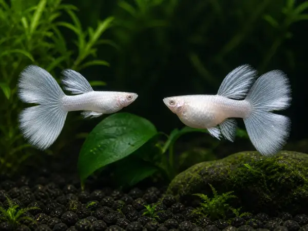 Silverado double-tail guppy breeding pair; representative AI-generated planted-aquarium image, not an exact inventory photograph.