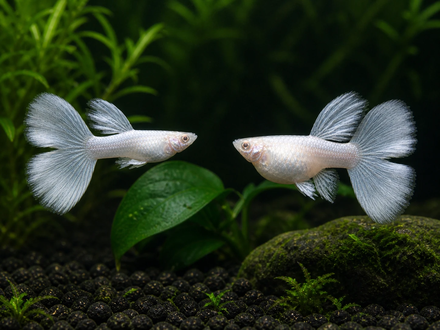 Silverado double-tail guppy breeding pair; representative AI-generated planted-aquarium image, not an exact inventory photograph.