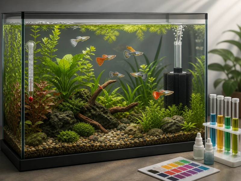 Editorial illustration of a planted guppy aquarium with a sponge filter, thermometer, and water test kit