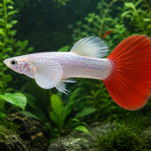 Illustrative representative image of Dumbo Redtail Big Ear Full Platinum guppy; current-stock photos confirmed before ordering
