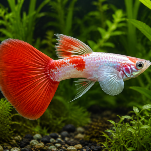 Illustrative representative image of Dumbo Koi Redtail Big Ear Full Platinum guppy; current-stock photos confirmed before ordering