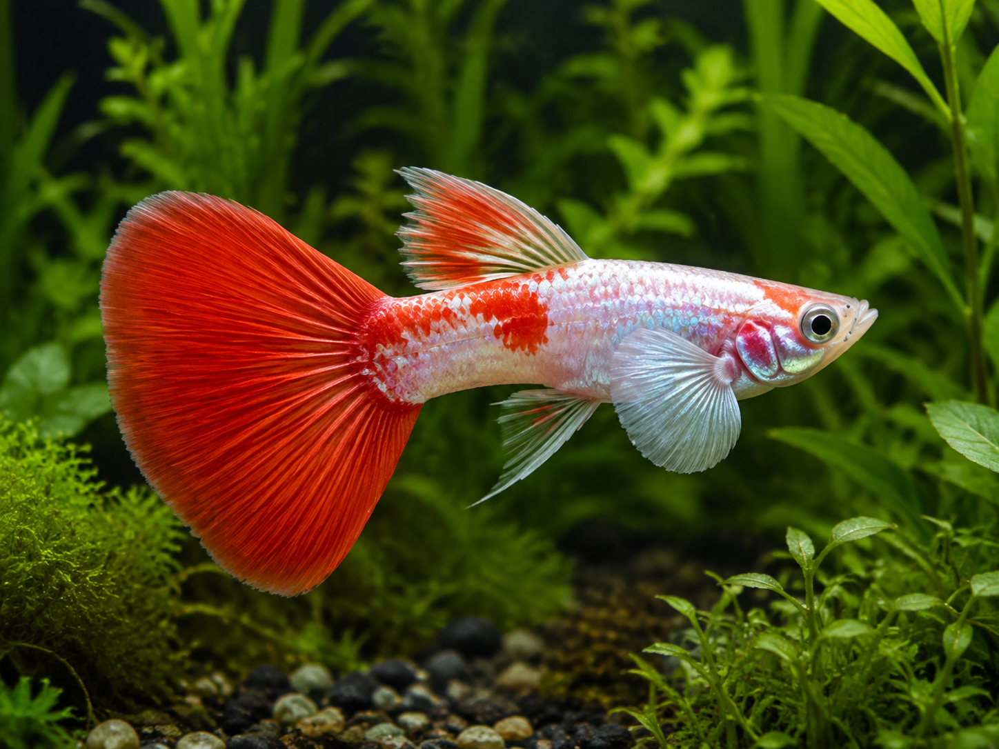 Illustrative representative image of Dumbo Koi Redtail Big Ear Full Platinum guppy; current-stock photos confirmed before ordering