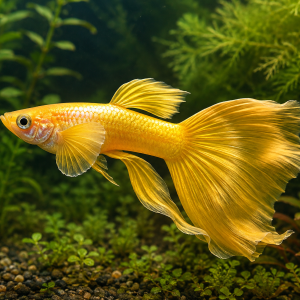 Illustrative representative image of Full Gold Ribbon Long Ear guppy; current-stock photos confirmed before ordering
