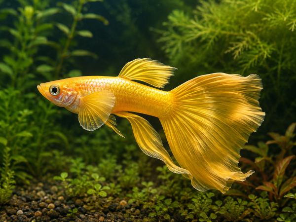 Illustrative representative image of Full Gold Ribbon Long Ear guppy; current-stock photos confirmed before ordering