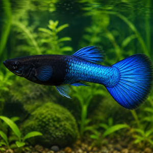 Illustrative representative image of Half Black Blue Super Short Fin C guppy; current-stock photos confirmed before ordering