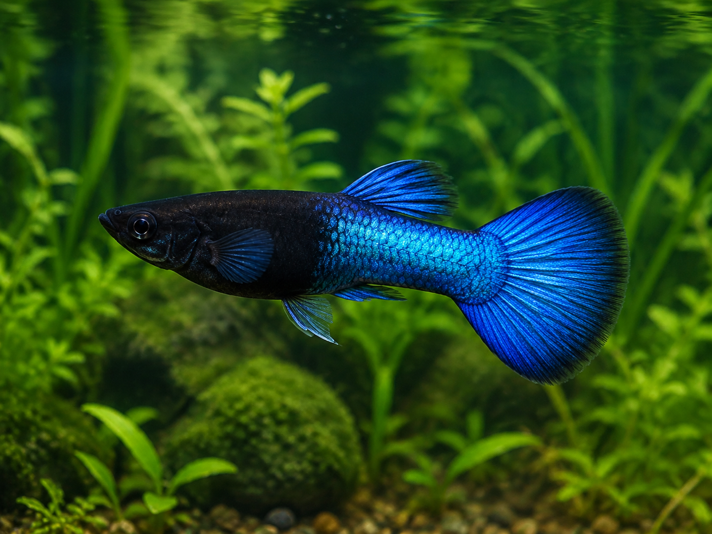 Illustrative representative image of Half Black Blue Super Short Fin C guppy; current-stock photos confirmed before ordering