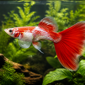 Illustrative representative image of Koi Red Ear Super Red Ribbon Long Ear guppy; current-stock photos confirmed before ordering