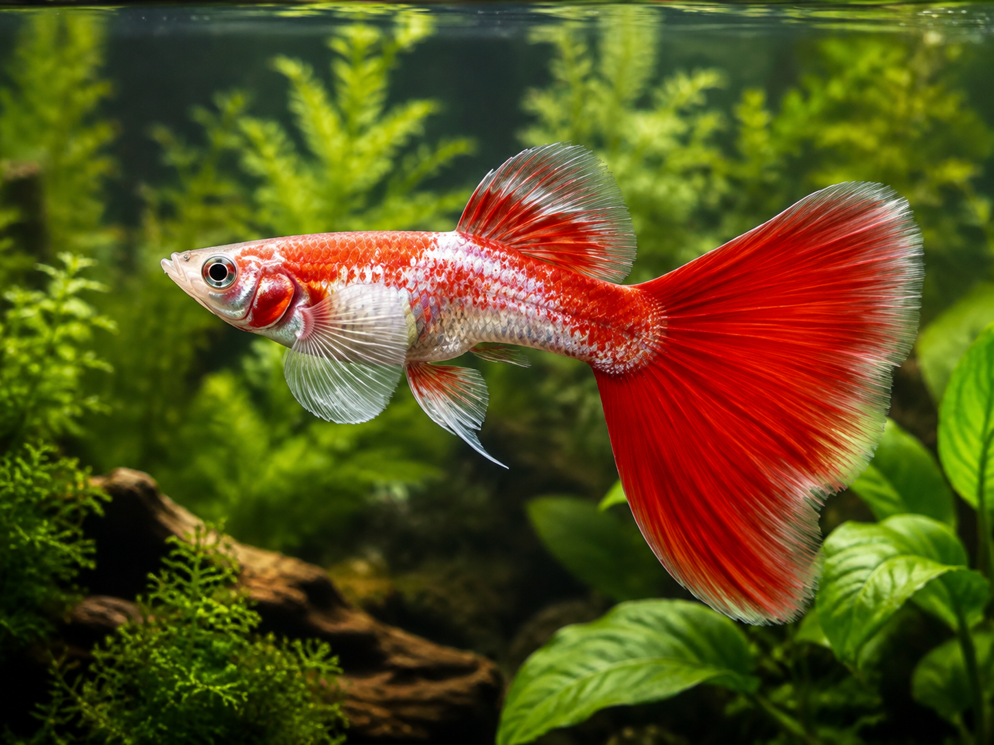 Illustrative representative image of Koi Red Ear Super Red Ribbon Long Ear guppy; current-stock photos confirmed before ordering