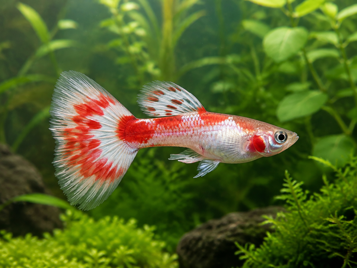 Illustrative representative image of Koi Red Ear guppy; current-stock photos confirmed before ordering