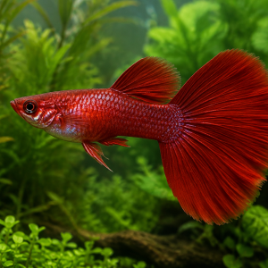 Illustrative representative image of Red Dragon Halfmoon guppy; current-stock photos confirmed before ordering