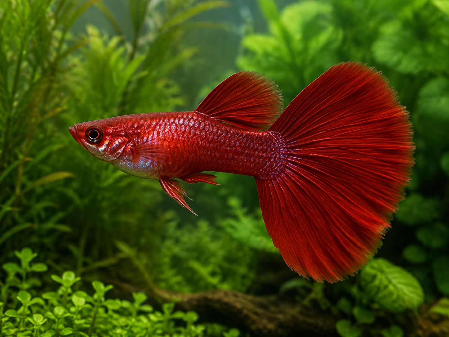 Illustrative representative image of Red Dragon Halfmoon guppy; current-stock photos confirmed before ordering