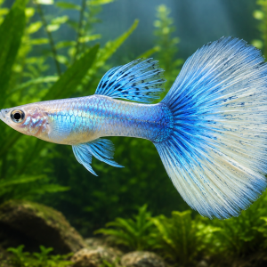 Illustrative representative image of Blue Ivory Halfmoon guppy; current-stock photos confirmed before ordering