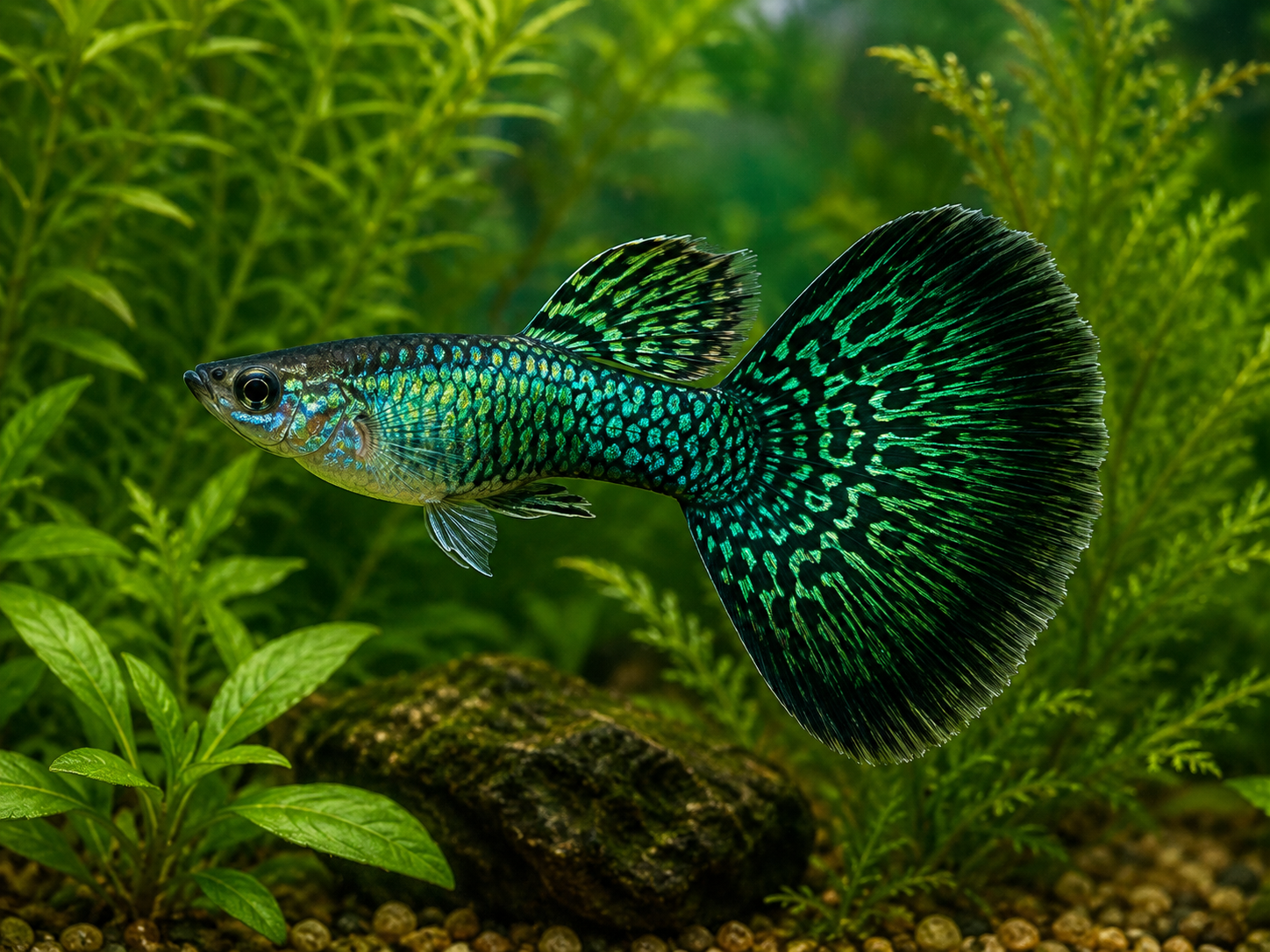 Illustrative representative image of Green Dragon Halfmoon guppy; current-stock photos confirmed before ordering