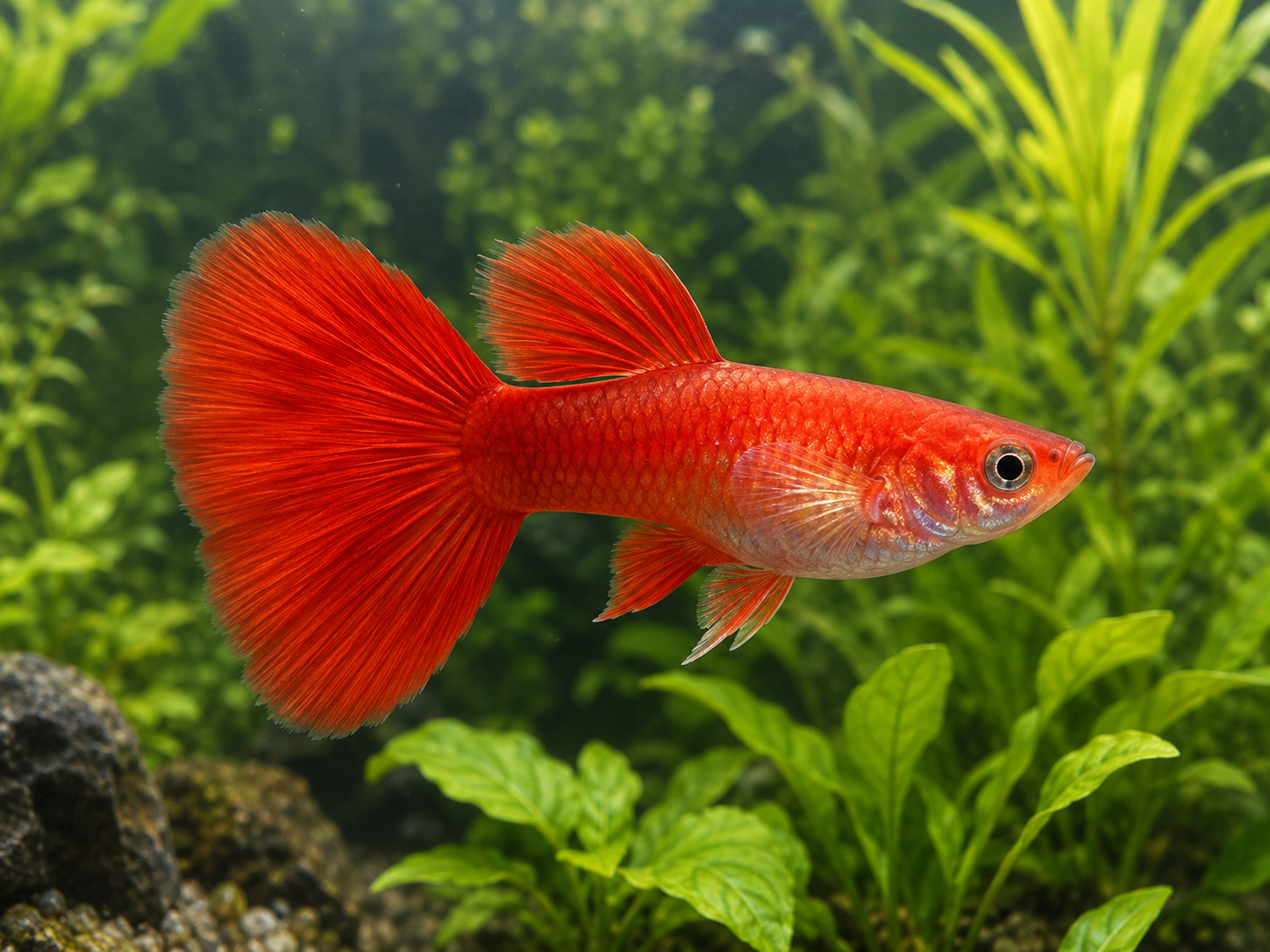 Illustrative representative image of Full Red Glass Belly Super Short guppy; current-stock photos confirmed before ordering