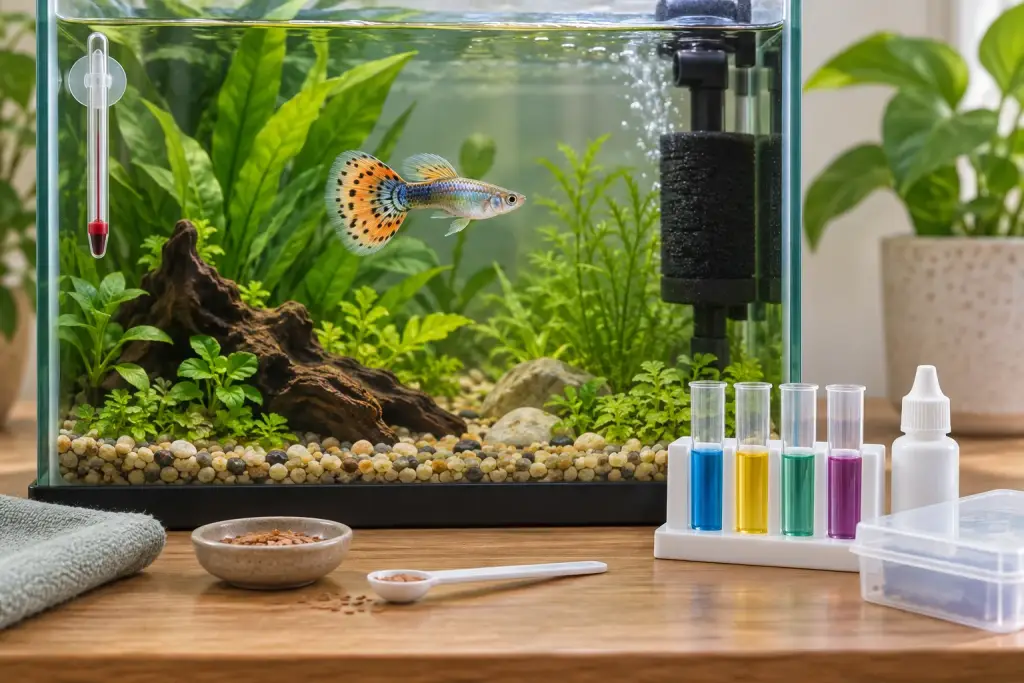 Illustration of a fancy guppy aquarium with filtration and water test supplies