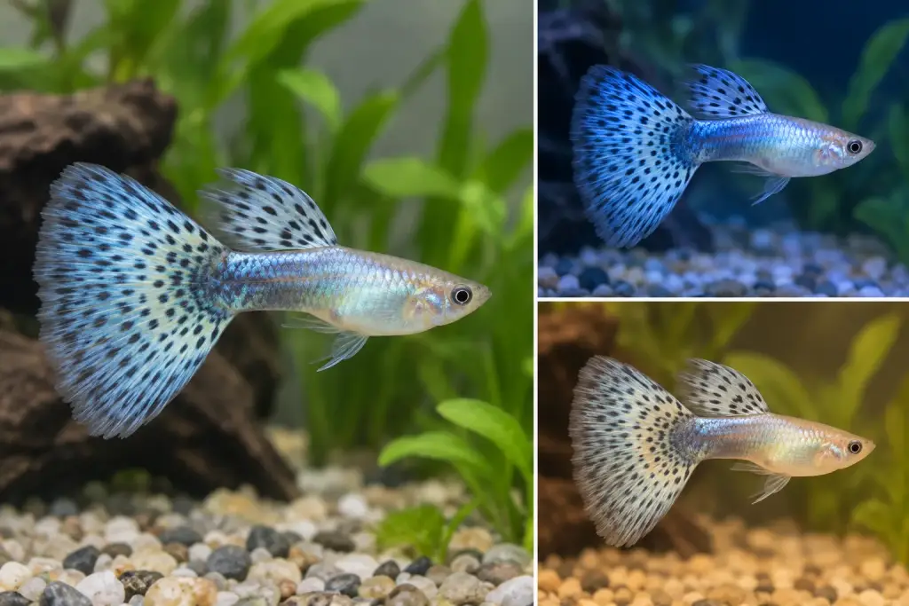 Illustration of blue-toned fancy guppies in different aquarium lighting